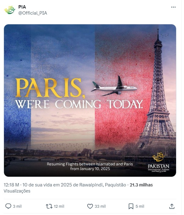 Companhia aérea do Paquistão anuncia nova rota para Paris e post de divulgação gera revolta nas redes