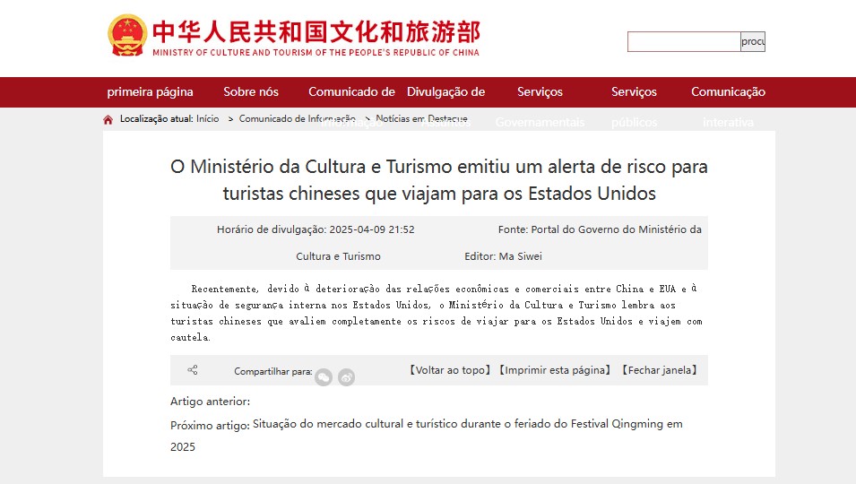 EUA x China: governo chinês emite alerta de risco para viagens aos Estados Unidos