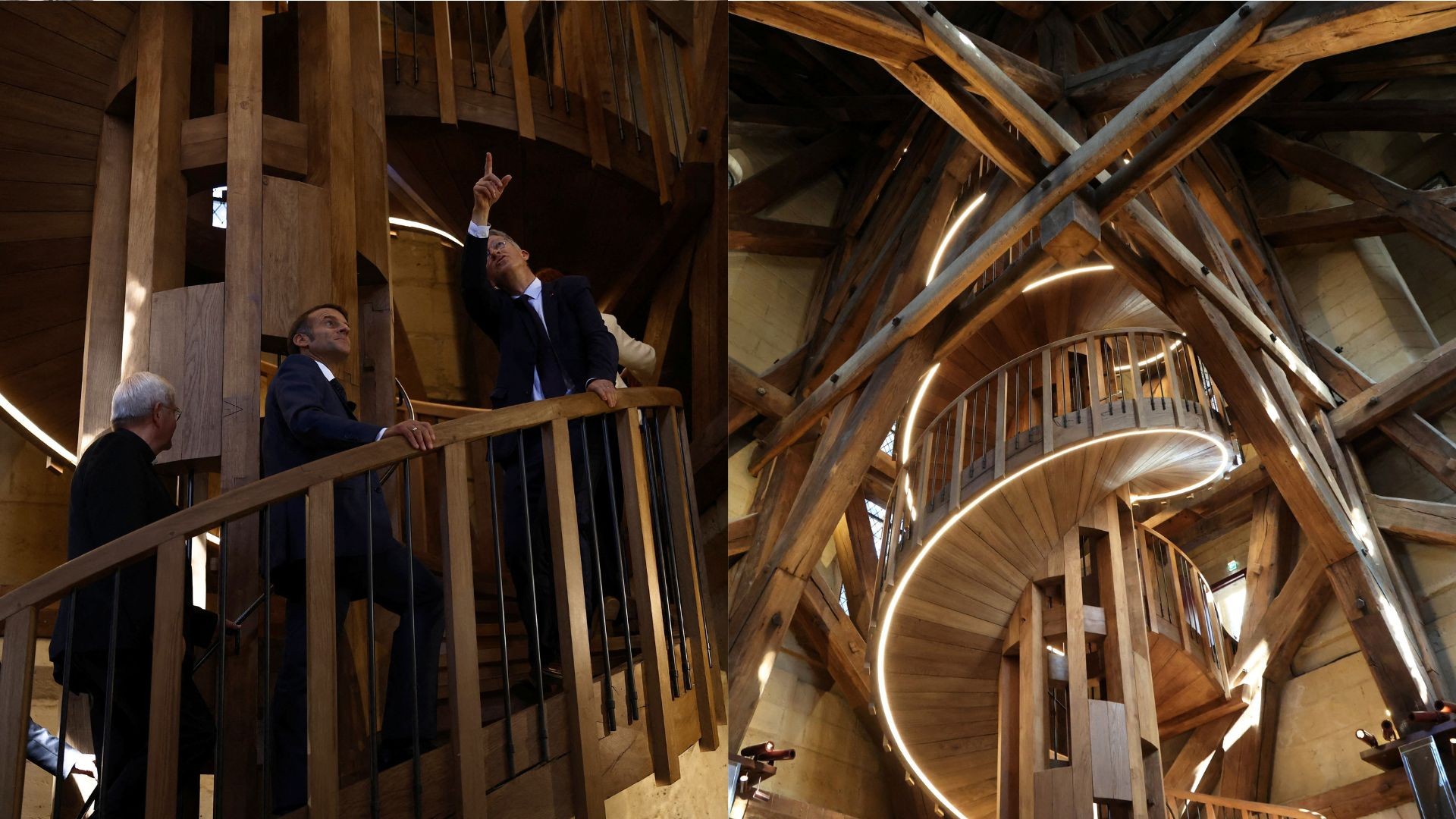 Macron sobe ao topo de Notre Dame e inaugura torres restauradas com escada de 400 degraus inspirada em Da Vinci