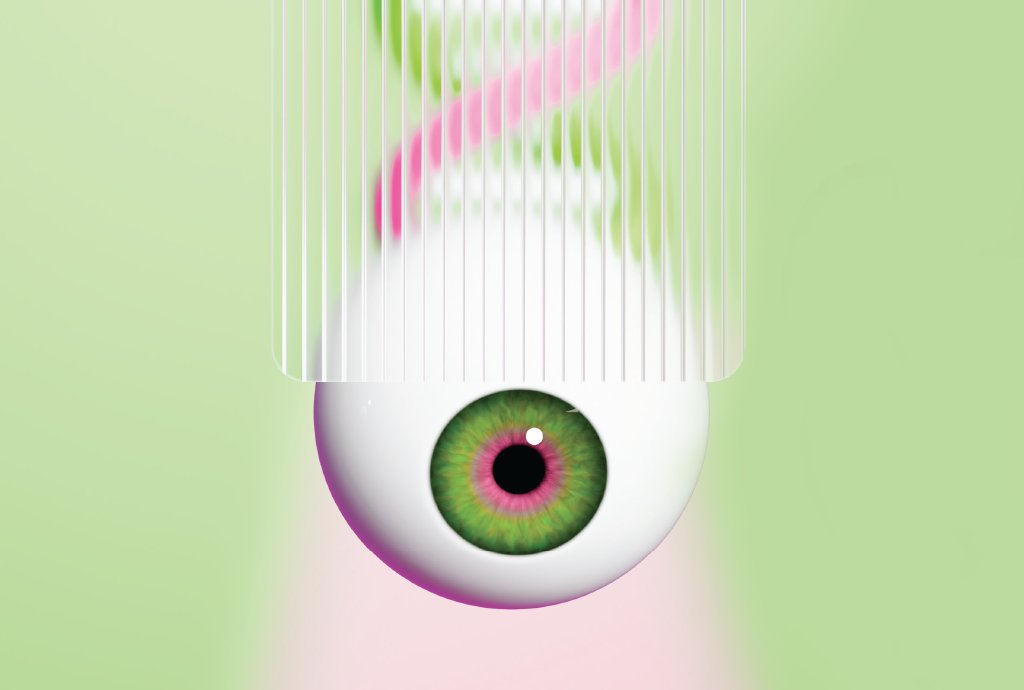 Ilustração abstrata mostra desenho de um globo ocular, com íris da cor verde. A imagem apresenta falhas digitais propositalmente, com partes distorcidas e cores desalinhadas, como se estivesse corrompida. Como se estivesse saindo do olho, há uma fita de DNA.