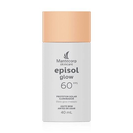 Frasco branco retangular de protetor solar Episol Glow FPS 60 da Mantecorp Skincare, com tampa bege claro. O rótulo informa PROTETOR SOLAR ILUMINADOR Efeito glow imediato, AGITE BEM ANTES DE USAR e 40 mL